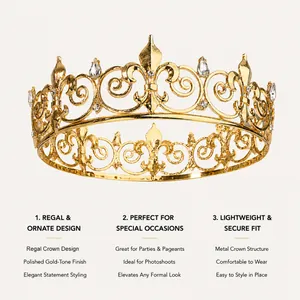 Close-up of vintage gold king crown with rhinestones and ornate scroll design