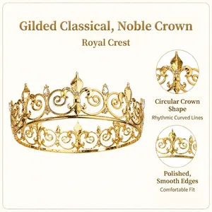 Detail view of vintage gold rhinestone crown featuring heraldic patterns and smooth edges