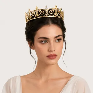 Luxurious vintage gold fleur-de-lis crown with sparkling rhinestones worn by a model