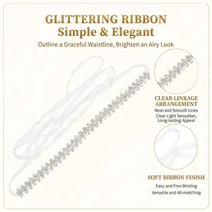 Close-up of elegant crystal bridal belt with rhinestone links and silk ribbon finish