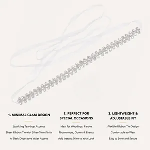 Elegant handmade crystal bridal sash with sparkling teardrop rhinestones on sheer white ribbon