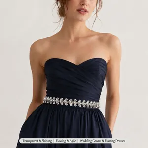 Bridal Rhinestone Belt Sash Crystal Wedding Dress Silver Waist Chain With White Organza Ribbon For Women Banquet Accessory