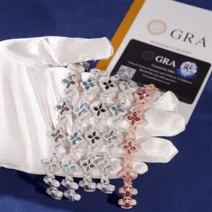 Detail von S925 Silber Kleeblatt Armbändern mit bunten Moissanit Steinen und GRA Bericht