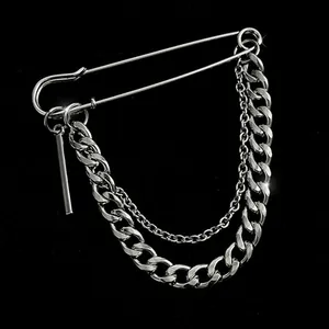 Zinc Alloy Paperclip Brooch With Double Layer Chains Long Pendant Industrial Style Metal Pin Jewelry For Men Women Suits