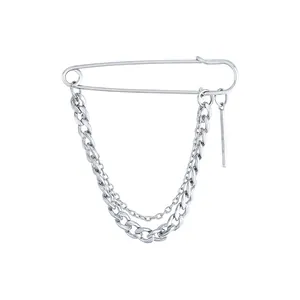 Stylish silver alloy safety pin brooch featuring layered chain tassels for suits