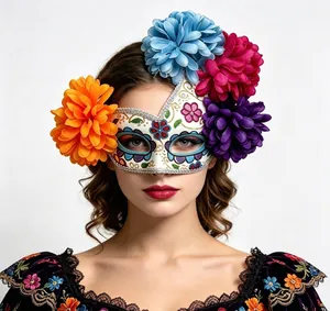 Detail of Mexican Day of the Dead mask with vibrant flowers and floral patterns