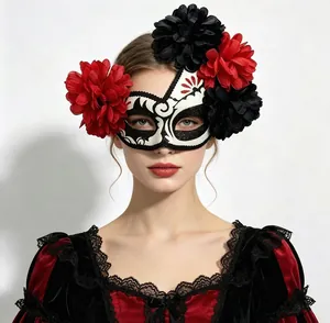 Mexican Day of the Dead mask with large red and black flowers for Halloween party