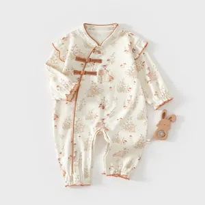 New Chinese Style Baby Romper 100% Cotton Seamless Stitching Floral Rabbit Print Jumpsuit Long Sleeve Newborn Infant Clothes
