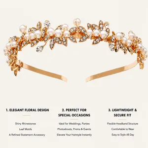 Elegant bridal flower crown headband with gold floral leaf motifs, pearls, and rhinestones
