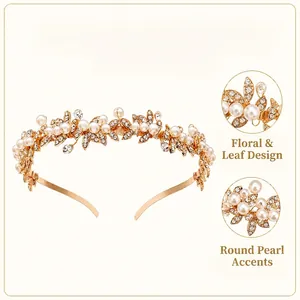 Detailed view of luxury gold bridal headband with pearls and sparkling rhinestones
