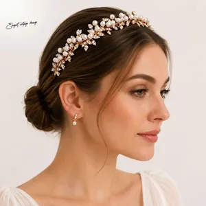 Elegant Alloy Flower Leaf Bridal Headband With Imitation Artificial Pearl Rhinestone Wedding Tiara Hair Accessories For Brides Women