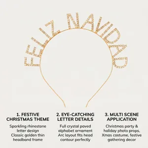 Detailansicht eines goldenen Feliz Navidad Haarreifs mit funkelnden Strasssteinen