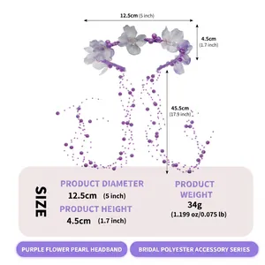 Detailed dimension view of purple flower pearl headband with product weight info