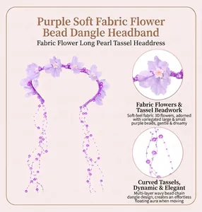 Close-up detail of the soft purple fabric flowers and wavy pearl bead tassels on the headband