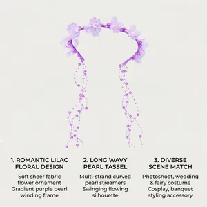 Romantic lilac floral headband with long wavy pearl tassels for weddings and cosplay