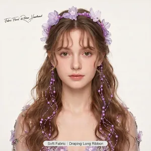 Sweet Cloth Flower Headband With Imitation Artificial Pearl Bead Chain Tassels For Wedding Party Photography Romantic Hair Hoop