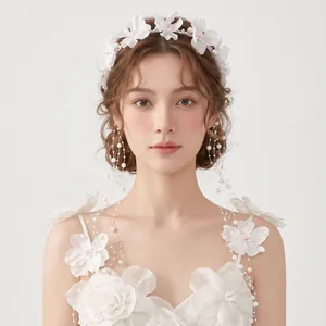 Forest style fabric flower headband with white petals and elegant pearl tassels
