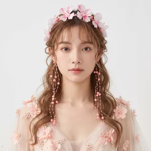 Forest style pink floral headband with long pearl tassels and fairy-like fabric flowers