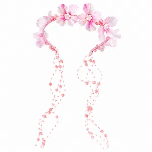 Pink fabric flower headband with long cascading pearl tassels for fairy-like style