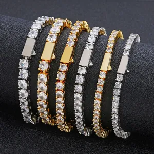 Bracelet Tennis Hip Hop Iced Out Cuivre Zirconium Chaîne À Rangée Unique Bijoux Tendances Hommes Femmes