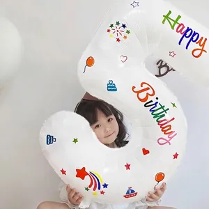 Grand ballon en aluminium blanc de 32 pouces numéro 5 imprimé pour décoration d'anniversaire