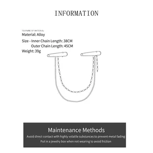 Detail view of hip-hop style double-layer chain brooch with silver alloy finish.