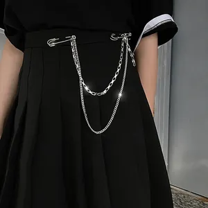 Hip Hop Punk Zinc Alloy Double Layer Chain Brooch With Safety Pin For Men Women Silver Color Waist Chain Suit Accessories