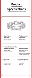 Detailed technical specifications for the S925 sterling silver moissanite chain link ring