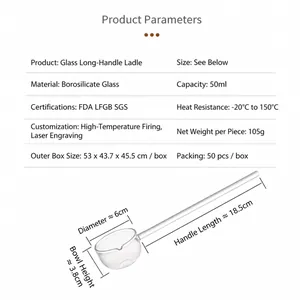 Cuillère en verre borosilicate à long manche 50ml pour remuer le café