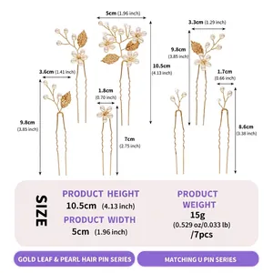 Dimensions détaillées et poids pour le set d'épingles à cheveux feuille d'or et perle