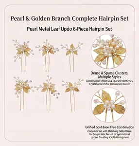Vue détaillée du lot de 6 épingles à cheveux à feuilles dorées et perles pour mariée