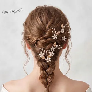 Pics à Cheveux Vintage Feuille d'Or Avec Imitation Künstliche Perle Cristal Acrylique pour Mariage Mariée Banquet Femme Bijoux de Cheveux