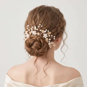 Set d'épingles à cheveux élégant en feuilles dorées et perles pour coiffures de mariée