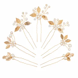Élégant ensemble d'épingles à cheveux en métal doré avec feuilles et perles de mariée.