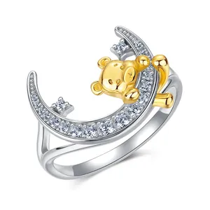Adorable 925 sterling silver teddy bear on a crescent moon ring with shiny zircon stones