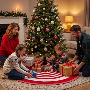 Cozy red and white water ripple striped knitted Christmas tree skirt for holiday decor.