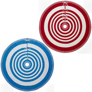 48-inch knitted Christmas tree skirt with concentric stripes and white bow-tie closures