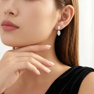 Elegant s925 silver marquise moissanite drop earrings shown on an Asian female model