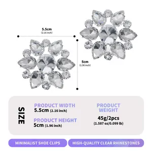 Detailed size guide for clear rhinestone shoe clips, showing 5.5cm width and 5cm height.