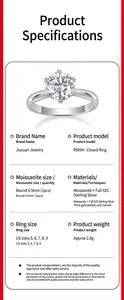 Detailed technical specifications of a six-prong 925 sterling silver moissanite ring