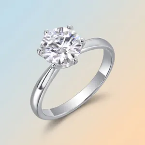 Minimalist 925 sterling silver ring with brilliant round six-prong Moissanite