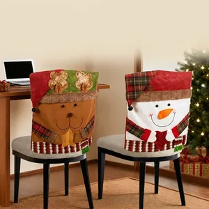 Christmas Chair Covers Santa Claus Snowman Reindeer Pattern Plaid Fabric Chair Back Covers For Holiday Party Decoration