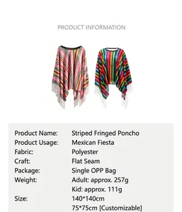 Specifiche del poncho messicano a righe colorate con nappe per adulti e bambini