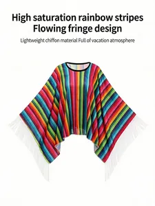 Poncho messicano a righe arcobaleno con dettagli in frange bianche e chiffon leggero