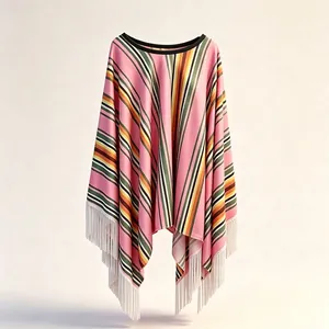 Poncho messicano a strisce rosa con frange bianche per abbigliamento festivo