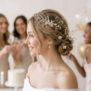Detailed side view of a vintage bridal hair comb and pearl pins in an elegant bun