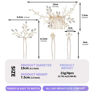 Detailed size chart for vintage bridal hair comb and pins with pearls and crystals