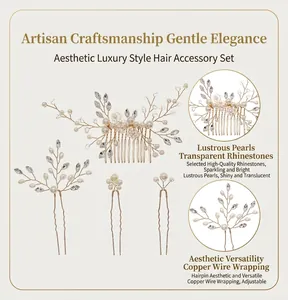 Detailed view of bridal hair accessory set with pearls and crystal rhinestones