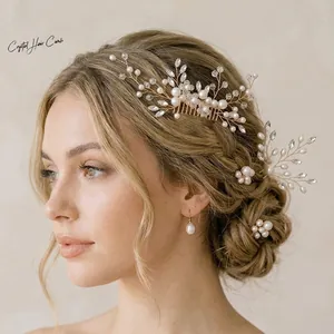 Luxury Alloy Rhinestone Faux Artificial Pearl Bridal Hair Comb and Hair Pins Vintage Flower Vine Wedding Hair Accessories for Women