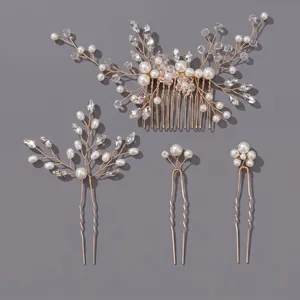 Elegant vintage bridal hair comb and pin set featuring white pearls and clear crystals